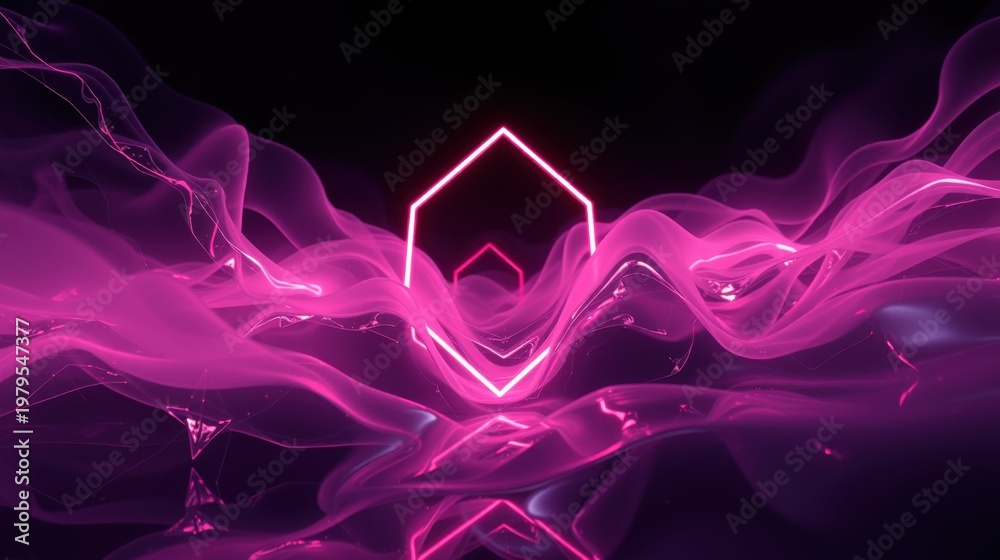 Abstract pink waves, glowing lines form hexagon shape. Dark background creates dramatic visual effect. Modern digital art.