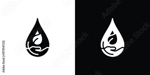 Black and white of teardrop shaped symbols with leaf and hand
