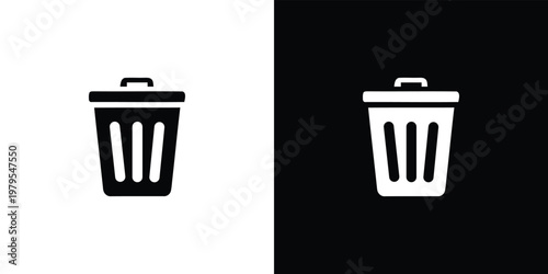 Black and white trash can on split background garbage bin recycling symbol waste basket