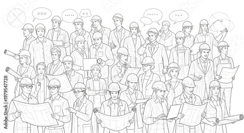 Group of people in a detailed black and white illustration.