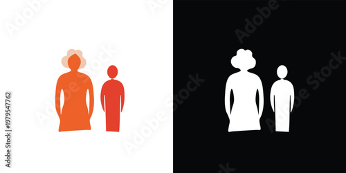 Orange and red human figures on white background and white human figures on black background silhouettes