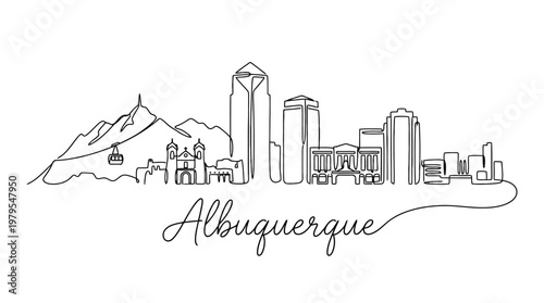 Minimalist line art illustration capturing the striking skyline of Albuquerque New Mexico including mountainous backdrop and