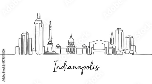 Minimalist Line Art Illustration of Indianapolis Skyline with Iconic Landmarks and Elegant Handwritten City Name