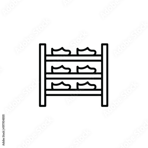 Simple line drawing of a shoe rack with multiple pairs of shoes
