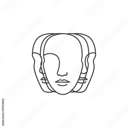 A minimalist line drawing of a woman's face with multiple overlapping profiles