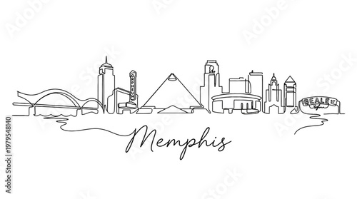 Elegant line art illustration of Memphis Tennessee skyline featuring iconic buildings and bridges with a handwritten city name
