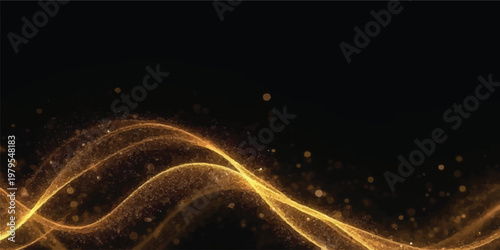 Golden abstract flowing wave of light particles and glittering dust on black background with wave pattern particle effect light trail energy science fiction abstract art design element