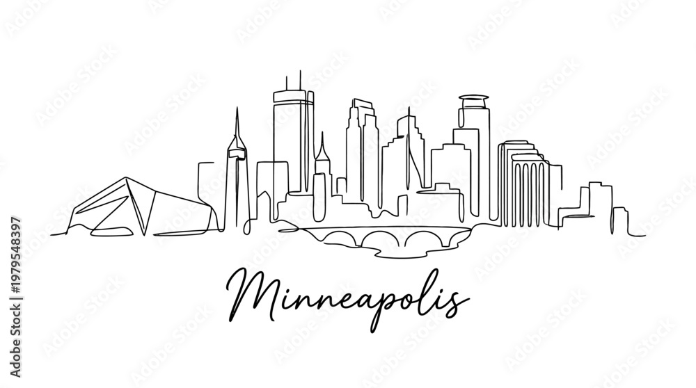 Fototapeta premium Elegant minimalistic line art illustration of the Minneapolis city skyline with iconic buildings and the word Minneapolis in