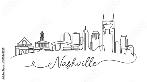 Minimalist Continuous Line Drawing of Nashville Skyline Featuring Iconic Architectural Landmarks and City Name in Elegant Script
