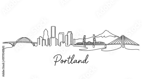 Minimalist Line Art Illustration of Portland Skyline Featuring Bridges and Mount Hood
