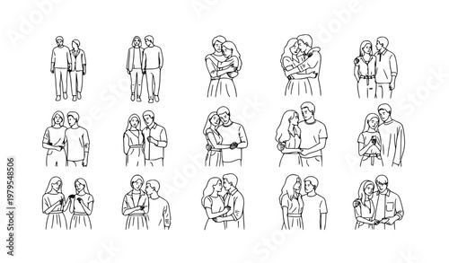 Black and white romantic couple pose collection vector set with love and relationship scenes