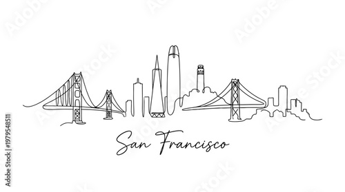 Minimalist Line Drawing of San Francisco Skyline Featuring Iconic Bridges and Cityscape