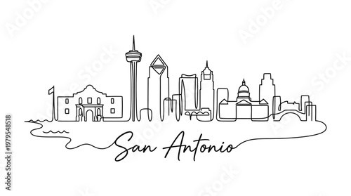 Minimalist line art of San Antonio skyline highlighting iconic buildings and the cityscape in a sleek black outline with