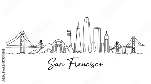 Minimalist San Francisco skyline illustration featuring prominent architectural landmarks and iconic bridges in simple line art