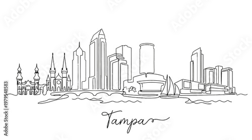 Minimalist Line Drawing of Tampa City Skyline with Dynamic Architectural Elements