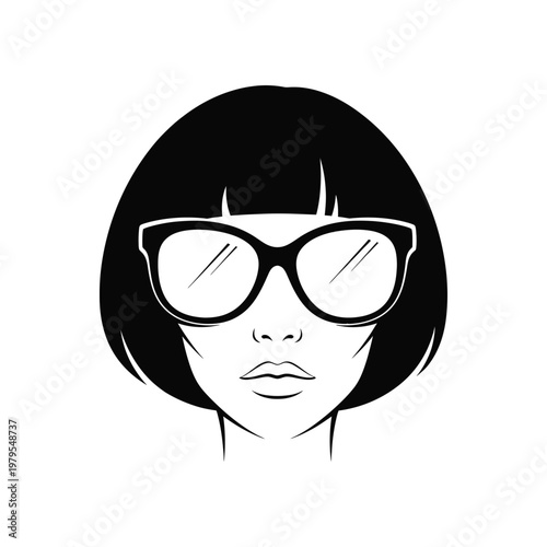 A minimalist black and white illustration of a woman wearing sunglasses and a bob haircut
