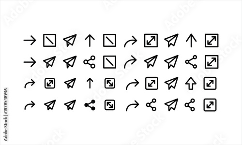 Collection of black outline social media and interface icons on white arrow right arrow