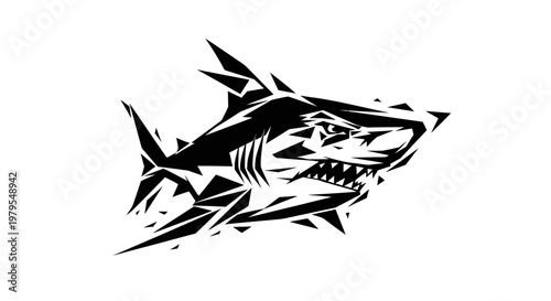 Aggressive Shark Illustration, Tribal Style, Black and White