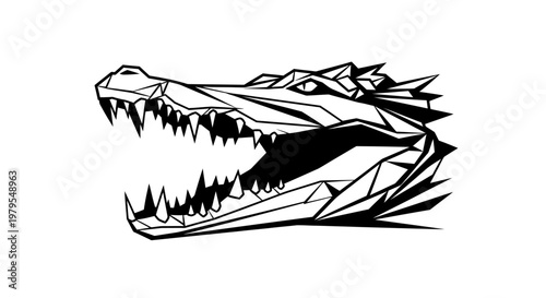 Geometric Alligator Head with Open Mouth, Sharp Teeth, Vector Art