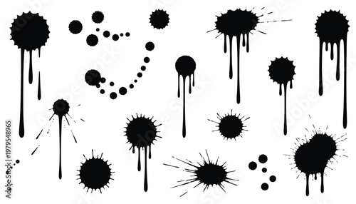 Abstract black ink splatter and drip patterns on white background