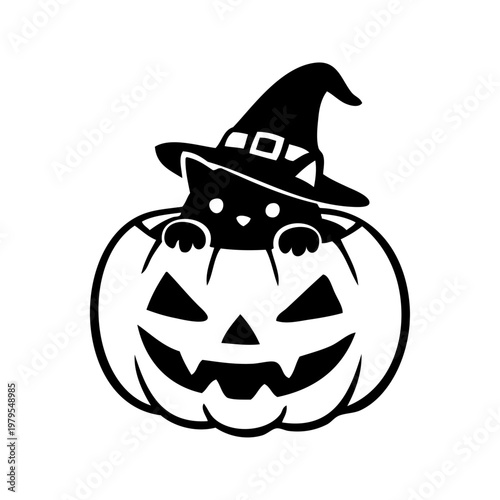 Logotipo con dibujo minimalista de un gato negro con sombrero de bruja, asomando de una calabaza tallada de Halloween, para su uso en felicitaciones y tarjetas