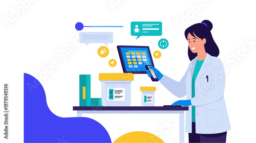 Female pharmacist analyzes data on computer at pharmacy counter with medication