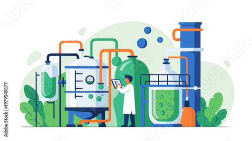 Scientist working in a laboratory with various equipment and green chemicals