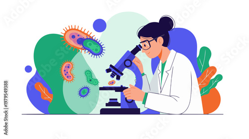 Scientist examines microorganisms using a microscope in a laboratory setting with various colorful bacteria and plants.