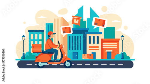 Delivery rider on scooter navigates through cityscape with buildings nearby