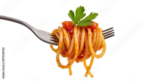 Obraz na płótnie Spaghetti with Tomato Sauce and Fresh Parsley on Metal Fork
