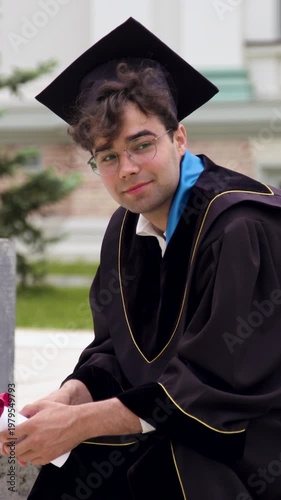 Male graduate in black cap and gown sits on a bench holding diploma with a proud expression, surrounded by greenery and modern architecture in the background