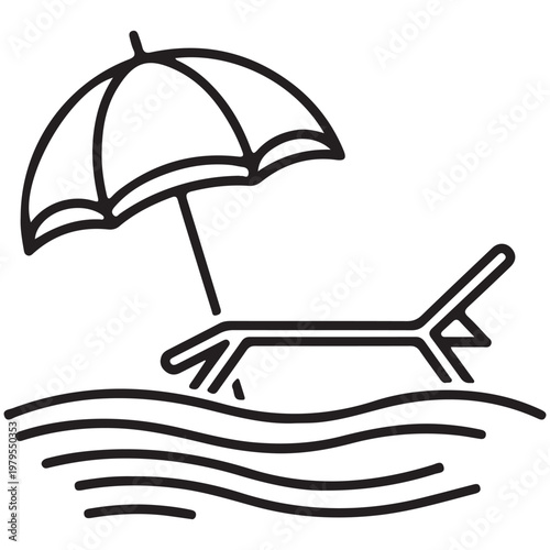 Minimalist beach icon featuring a sun umbrella and deck chair on sand vector illustration for summer vacation design