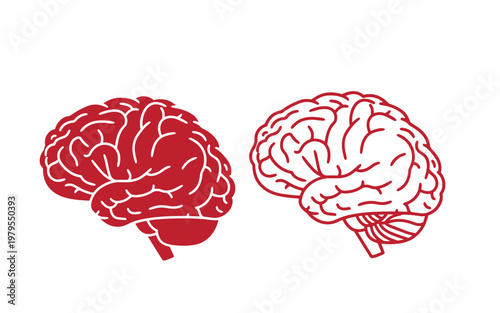 Red brain two side-view one filled and one outlined human brain white side view