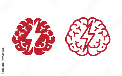 Red brain with lightning bolts, split and outlined white symbols