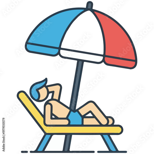 Flat design vector illustration of a person relaxing on a sun lounger under a beach umbrella for summer vacation and travel concepts