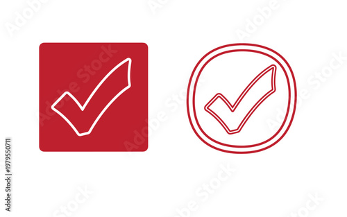 Red checkmark square and circle shapes, white background