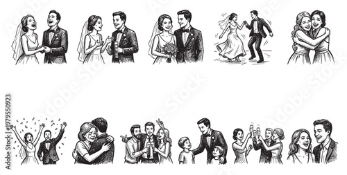 A hand-drawn sketch collection shows diverse wedding scenes with happy couples, joyful friends, and family embracing, celebrating love and commitment.