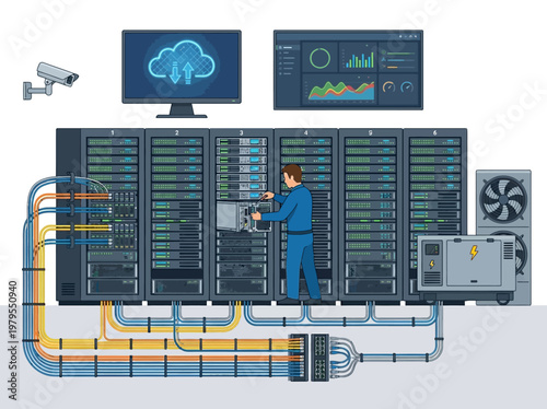 Data center server room network infrastructure vector illustration