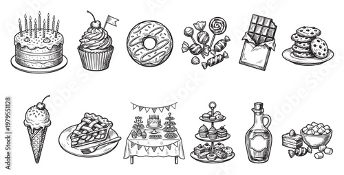 A delightful sketch collection featuring a variety of hand-drawn sweets like cakes, cupcakes, donuts, cookies, and candies, perfect for celebratory or culinary themes.