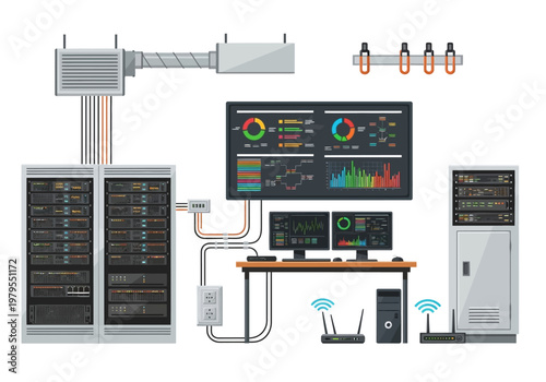 Modern data center with computer servers, monitors displaying graphs, and network equipment for managing information systems