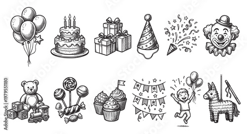 A hand-drawn sketch collection of various birthday party elements like balloons, cake, gifts, party hats, clown, toys, ideal for invitations and decorations.