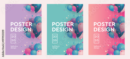 Poster design set with festive colorful helium balloons. Celebrate a birthday, graduation, happy anniversary. Vector illustration