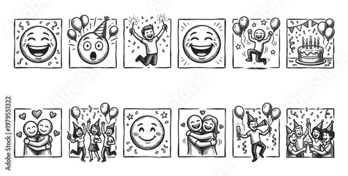 A montage of black and white hand-drawn illustrations depicting various joyful party scenes, including happy faces, dancing people, a birthday cake, and celebratory elements like balloons and confetti