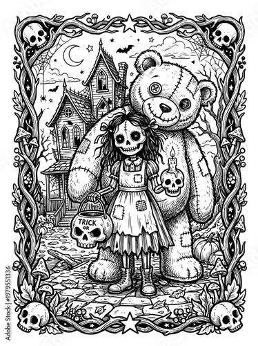 creepy big teddy bear doll and freaky skull girl doll. black and white line drawing. coloring book for adult. Halloween.
