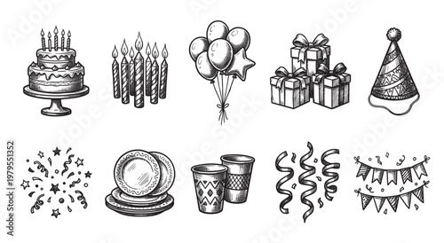 A charming sketch collection of birthday essentials including a tiered cake, candles, balloons, gifts, party hat, plates, cups, confetti, and bunting flags, perfect for invitations and decorations.