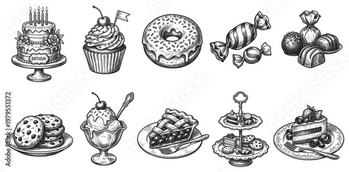A charming hand-drawn collection of various sweet treats including birthday cake, cupcakes, donuts, candies, cookies, ice cream, pie, and pastries, perfect for celebratory or dessert-themed designs.