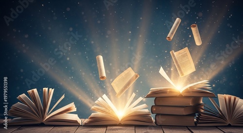 Magical Open Books Emitting Light and Flying Pages on a Starry Night.