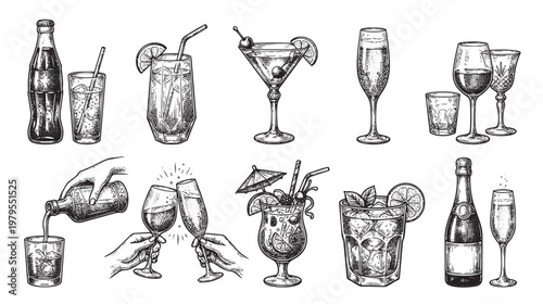 A vintage-style illustration showcases a collection of various alcoholic and non-alcoholic beverages in different glasses, ideal for bar menus or retro designs.
