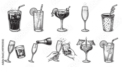 A black and white sketch collage of various popular alcoholic and non-alcoholic beverages in different glasses, perfect for vintage or retro designs.