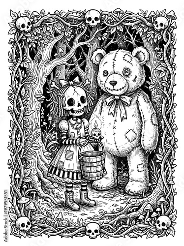creepy big teddy bear doll and freaky skull girl doll. black and white line drawing. coloring book for adult. Halloween.